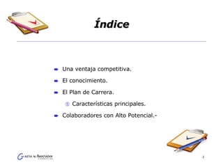 Índice Una ventaja competitiva. El conocimiento. El Plan de Carrera. Características principales. Colaboradores con Alto Potencial.- 