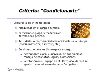 Criterio: “Condicionante” Excluyen a quien no las posea. Antigüedad en el cargo o función. Performance propia y tendencia en  determinado período. Actividades o responsabilidades adicionales a la principal ( coach , instructor, asistente, etc.) En el caso de quienes tienen gente a cargo:  performance global e individual de sus dirigidos, manejo de conflictos, logros, promociones. la rotación en su equipo en el último año, deberá se igual o menor al promedio de la Compañía.- 