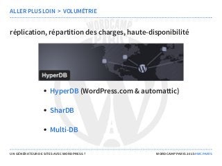 réplication, répartition des charges, haute-disponibilité
(WordPress.com & automattic)
ALLER PLUS LOIN  >  VOLUMÉTRIE
HyperDB
SharDB
Multi-DB
UN GÉNÉRATEUR DE SITES AVEC WORDPRESS ? WORDCAMP PARIS 2015 #WCPARIS
 
