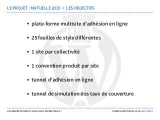 plate-forme multisite d'adhésion en ligne
25 feuilles de style différentes
1 site par collectivité
1 convention produit par site
tunnel d'adhésion en ligne
tunnel de simulation des taux de couverture
LE PROJET : MUTUELLE 2015  >  LES OBJECTIFS
UN GÉNÉRATEUR DE SITES AVEC WORDPRESS ? WORDCAMP PARIS 2015 #WCPARIS
 