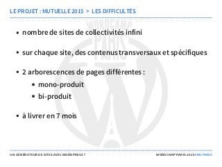 nombre de sites de collectivités infini
sur chaque site, des contenus transversaux et spécifiques
2 arborescences de pages différentes :
mono-produit
bi-produit
à livrer en 7 mois
LE PROJET : MUTUELLE 2015  >  LES DIFFICULTÉS
UN GÉNÉRATEUR DE SITES AVEC WORDPRESS ? WORDCAMP PARIS 2015 #WCPARIS
 