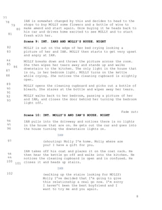 8
IAN is somewhat changed by this and decides to head to the
shops to buy MOLLY some flowers and a bottle of wine to
make amend and start again. Once buying it he heads back to
his car and drives home excited to see MOLLY and to start
fresh with her.
Scene 9: INT. IANS AND MOLLY’S HOUSE. NIGHT
MOLLY is sat on the edge of her bed crying looking a
picture of her and IAN. MOLLY then starts to get very upset
and angry at IAN.
MOLLY breaks down and throws the picture across the room.
She then wipes her tears away and stands up and walks
downstairs to the kitchen. The only light in the house that
is on, is her bedroom light. MOLLY turns on the kettle
while crying. She notices the cleaning cupboard is slightly
open.
MOLLY opens the cleaning cupboard and picks out a bottle of
bleach. She stares at the bottle and wipes away her tears.
MOLLY walks back to her bedroom, passing a picture of her
and IAN, and closes the door behind her turning the bedroom
light off.
Fade out:
Scene 10: INT. MOLLY’S AND IAN’S HOUSE. NIGHT
IAN pulls into the driveway and notices there is no lights
in the house that are on. He gets out the car and goes into
the house turning the downstairs lights on.
IAN
(shouting) Molly I’m home. Molly where are
you? I have a gift for you.
IAN takes off his coat and places it on the coat rack. He
then hear the kettle go off and walks into the kitchen. He
notices the cleaning cupboard is open and is confused. He
closes it and heads up stairs.
IAN
(walking up the stairs looking for MOLLY)
Molly I’ve decided that I’m going to give
this relationship a real go now. I’m sorry
I haven’t been the best boyfriend and I
want to try me and you again.
77
78
79
80
81
82
83
84
85
86
87
88
89
90
91
92
93
94
95
96
97
98
99
100
0 101
0
102
0
 