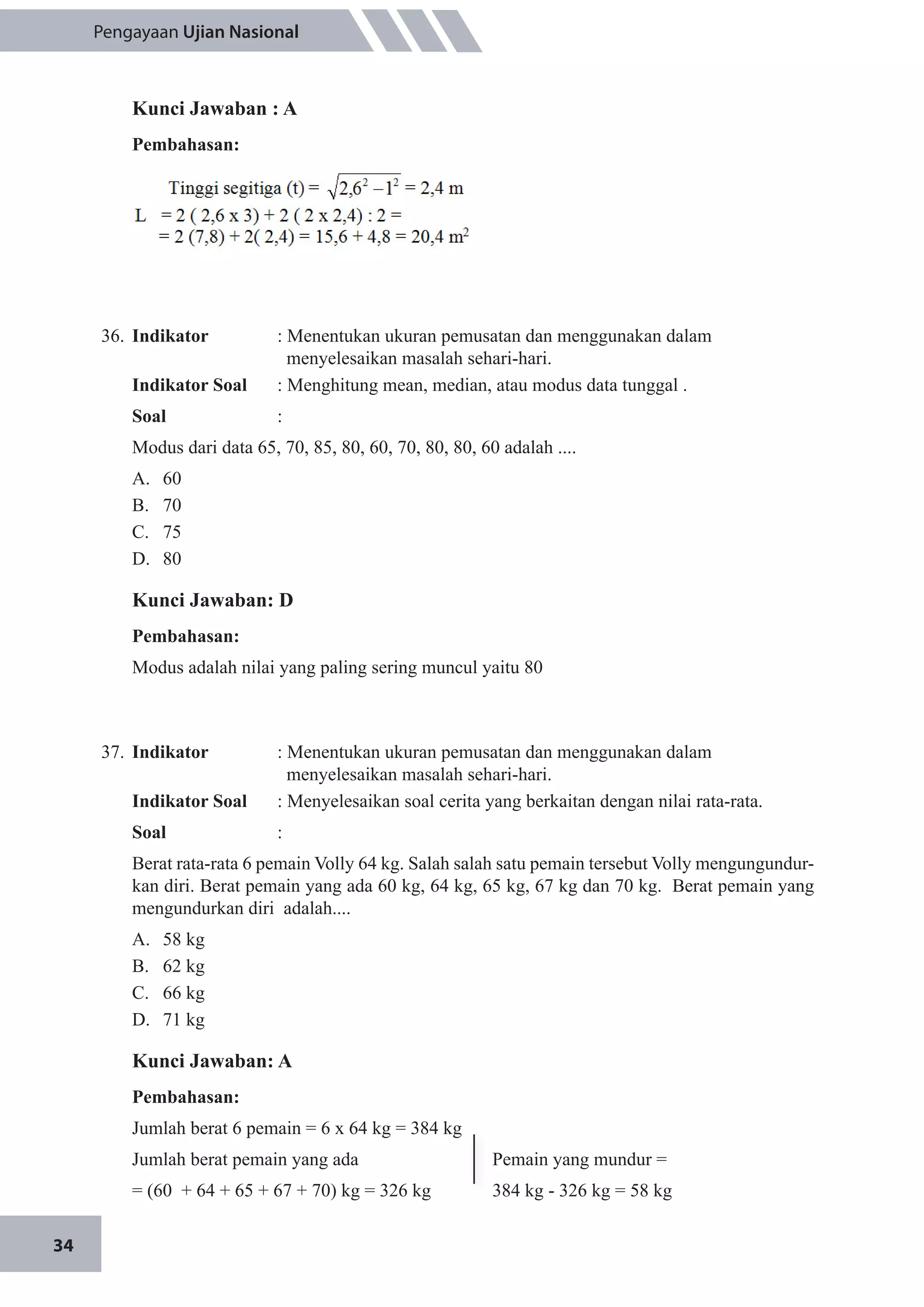 34
Pengayaan Ujian Nasional
Kunci Jawaban : A
Pembahasan:
36.	 Indikator 		 : Menentukan ukuran pemusatan dan menggunakan dalam 		
	 	 menyelesaikan masalah sehari-hari.
Indikator Soal		 : Menghitung mean, median, atau modus data tunggal .
Soal	 	:
Modus dari data 65, 70, 85, 80, 60, 70, 80, 80, 60 adalah ....
A.	 60				
B.	 70
C.	 75				
D.	 80
Kunci Jawaban: D
Pembahasan:
Modus adalah nilai yang paling sering muncul yaitu 80
37.	 Indikator 		 : Menentukan ukuran pemusatan dan menggunakan dalam 		
		 menyelesaikan masalah sehari-hari.
Indikator Soal		 : Menyelesaikan soal cerita yang berkaitan dengan nilai rata-rata.
Soal	 	:
Berat rata-rata 6 pemain Volly 64 kg. Salah salah satu pemain tersebut Volly mengungundur-
kan diri. Berat pemain yang ada 60 kg, 64 kg, 65 kg, 67 kg dan 70 kg. Berat pemain yang
mengundurkan diri adalah....
A.	 58 kg		
B.	 62 kg
C.	 66 kg
D.	 71 kg
Kunci Jawaban: A
Pembahasan:
Jumlah berat 6 pemain = 6 x 64 kg = 384 kg
Jumlah berat pemain yang ada 			 Pemain yang mundur =
= (60 + 64 + 65 + 67 + 70) kg = 326 kg		 384 kg - 326 kg = 58 kg
 