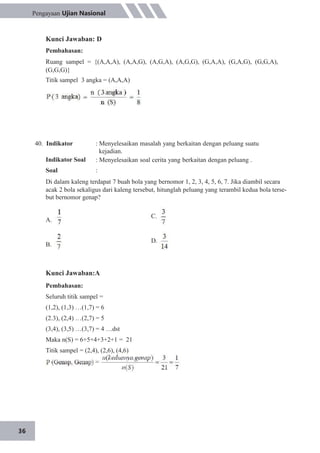 36
Pengayaan Ujian Nasional
Kunci Jawaban: D
Pembahasan:
Ruang sampel = {(A,A,A), (A,A,G), (A,G,A), (A,G,G), (G,A,A), (G,A,G), (G,G,A),
(G,G,G)}
Titik sampel 3 angka = (A,A,A)
40. Indikator
Indikator Soal
Soal
: Menyelesaikan masalah yang berkaitan dengan peluang suatu
kejadian.
: Menyelesaikan soal cerita yang berkaitan dengan peluang .
:
Di dalam kaleng terdapat 7 buah bola yang bernomor 1, 2, 3, 4, 5, 6, 7. Jika diambil secara
acak 2 bola sekaligus dari kaleng tersebut, hitunglah peluang yang terambil kedua bola terse-
but bernomor genap?
C.
D.
A.
B.
Kunci Jawaban:A
Pembahasan:
Seluruh titik sampel =
(1,2), (1,3) …(1,7) = 6
(2.3), (2,4) …(2,7) = 5
(3,4), (3,5) …(3,7) = 4 …dst
Maka n(S) = 6+5+4+3+2+1 = 21
Titik sampel = (2,4), (2,6), (4,6)
 