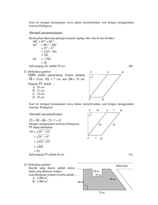 Soal ini menguji kemampuan siswa dalam menyelesaikan soal dengan menggunakan
teorema Pythagoras
Alternatif cara penyelesaian:
Berdasarkan theorema phytagoras,pada segitiga siku-siku di atas berlaku:
AB2 + AC2 = BC2
AC2 = BC2 – AB2
= 352 – 21 2
= 1225 – 441
= 784
AC
= 784
= 28
Jadi panjang AC adalah 28 cm

21. Perhatikan gambar!
PQRS adalah jajargenjang, dengan panjang
TR = 22cm, PQ = 7 cm, dan QR = 25 cm.
Panjang PT adalah …
A. 20 cm
B. 21 cm
C. 24 cm
D. 25 cm

T

(B)

S

P

R

Q

Soal ini menguji kemampuan siswa dalam menyelesaikan soal dengan menggunakan
teorema Pythagoras
T

15

S

7

R

Alternatif cara penyelesaian:

TS = TR − SR = 22 − 7 = 15
Dengan menggunakan teorema Pythagoras,
PT dapat ditentukan

25

25

PT = SP 2 − TS 2
= 25 2 − 15 2

P

7

Q

= 625 − 225
= 400
= 20
Jadi panjang PT adalah 20 cm

22. Perhatikan gambar!
Daerah yang diarsir adalah sketsa
tanah yang ditanami rumput.
Luas hamparan rumput tersebut adalah……
A. 2.400 m2
B. 1.900 m2
40 m

(A)

Jalan raya
20 m
25 m
50 mm
50

75 m

 