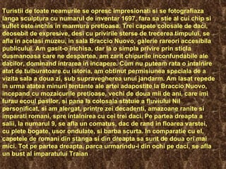 Turistii de toate neamurile se opresc impresionati si se fotografiaza langa sculptura cu numarul de inventar 1697, fara sa stie al cui chip si suflet este inchis in marmura pretioasa.   Trei capete colosale de daci, deosebit de expresive, desi cu privirile sterse de trecerea timpului, se afla in acelasi muzeu, in sala Braccio Nuovo, galerie rareori accesibila publicului. Am gasit-o inchisa, dar la o simpla privire prin sticla dusmanoasa care ne despartea, am zarit chipurile inconfundabile ale dacilor, dominand intrarea in incapere. Cum nu puteam rata o intalnire atat de tulburatoare cu istoria, am obtinut permisiunea speciala de a vizita sala a doua zi, sub supravegherea unui jandarm. Am lasat repede in urma atatea minuni tentante ale artei adapostite la Braccio Nuovo, incepand cu mozaicurile pretioase, vechi de doua mii de ani, care imi furau ecoul pasilor, si pana la colosala statuie a fluviului Nil personificat, si am alergat, printre zei decadenti, amazoane ranite si imparati romani, spre intalnirea cu cei trei daci. Pe partea dreapta a salii, la numarul 9, se afla un comatus, dac de rand in floarea varstei, cu plete bogate, usor ondulate, si barba scurta. In comparatie cu el, capetele de romani din stanga si din dreapta sa sunt de doua ori mai mici. Tot pe partea dreapta, parca urmarindu-i din ochi pe daci, se afla un bust al imparatului Traian 