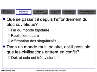 Que se passe t il depuis l’effondrement du bloc soviétique? Fin du monde bipolaire  Replis identitaire Affirmation des singularités Dans un monde multi polaire, est-il possible que les civilisations entrent en conflit? Oui, et cela est très violent!!! Le choc des civilisations 
