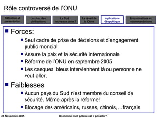 Rôle controversé de l’ONU Forces: Seul cadre de prise de décisions et d’engagement public mondial Assure la paix et la sécurité internationale Réforme de l’ONU en septembre 2005 Les casques  bleus interviennent là ou personne ne veut aller.  Faiblesses Aucun pays du Sud n’est membre du conseil de sécurité. Même après la réforme! Blocage des américains, russes, chinois,…français Implications Géopolitique 