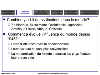 Combien y a-t-il de civilisations dans le monde? 7 : Hindoue, Musulmane, Occidentale, Japonaise, Amérique Latine, Afrique, Chinoise. Comment a évolué l’influence du monde depuis 1945? Perte d’influence avec la décolonisation Leurs valeurs ne sont plus universelles La modernisation du monde a poussé les pays à suivre leur propre voie Le choc des civilisations 