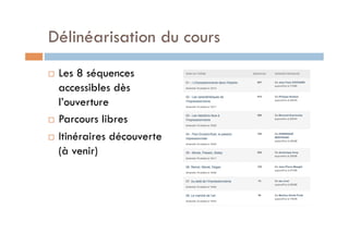 Délinéarisation du cours 
! Les 8 séquences 
accessibles dès 
l’ouverture 
! Parcours libres 
! Itinéraires découverte 
(à venir) 
 