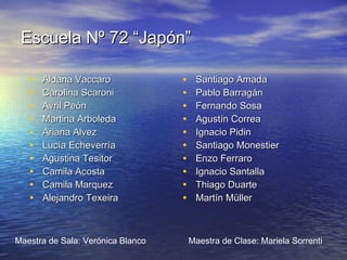 Escuela Nº 72 “Japón” Aldana Vaccaro Carolina Scaroni Avril Peón Martina Arboleda Ariana Alvez Lucía Echeverría Agustina Tesitor Camila Acosta Camila Marquez Alejandro Texeira Santiago Amada Pablo Barragán Fernando Sosa Agustín Correa Ignacio Pidin Santiago Monestier Enzo Ferraro Ignacio Santalla Thiago Duarte Martín Müller Maestra de Sala: Verónica Blanco Maestra de Clase: Mariela Sorrenti 