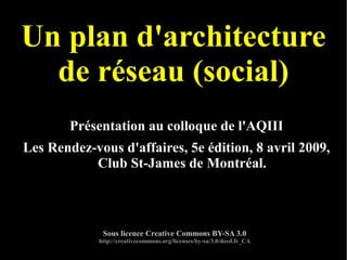 Un plan d'architecture de réseau (social) Présentation au colloque de l'AQIII Les Rendez-vous d'affaires, 5e édition, 8 avril 2009, Club St-James de Montréal. Sous licence Creative Commons BY-SA 3.0 http://creativecommons.org/licenses/by-sa/3.0/deed.fr_CA 