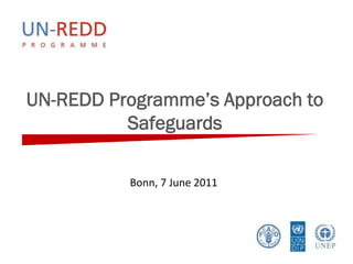 UN-REDD Programme’s Approach to
          Safeguards

          Bonn, 7 June 2011
 