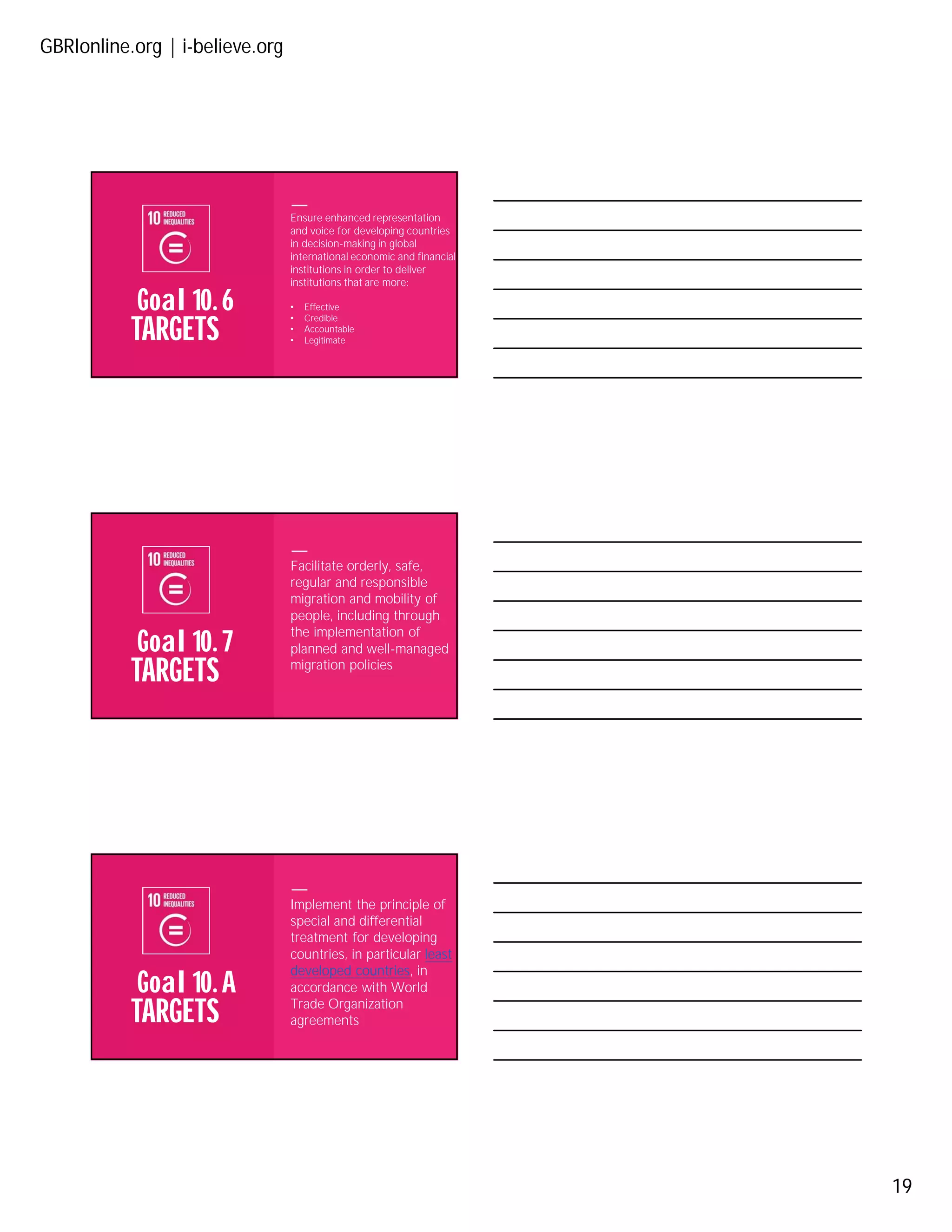 GBRIonline.org | i-believe.org
19
TARGETS
Goal 10. 6
Ensure enhanced representation
and voice for developing countries
in decision-making in global
international economic and financial
institutions in order to deliver
institutions that are more:
• Effective
• Credible
• Accountable
• Legitimate
TARGETS
Goal 10. 7
Facilitate orderly, safe,
regular and responsible
migration and mobility of
people, including through
the implementation of
planned and well-managed
migration policies
TARGETS
Goal 10. A
Implement the principle of
special and differential
treatment for developing
countries, in particular least
developed countries, in
accordance with World
Trade Organization
agreements
 
