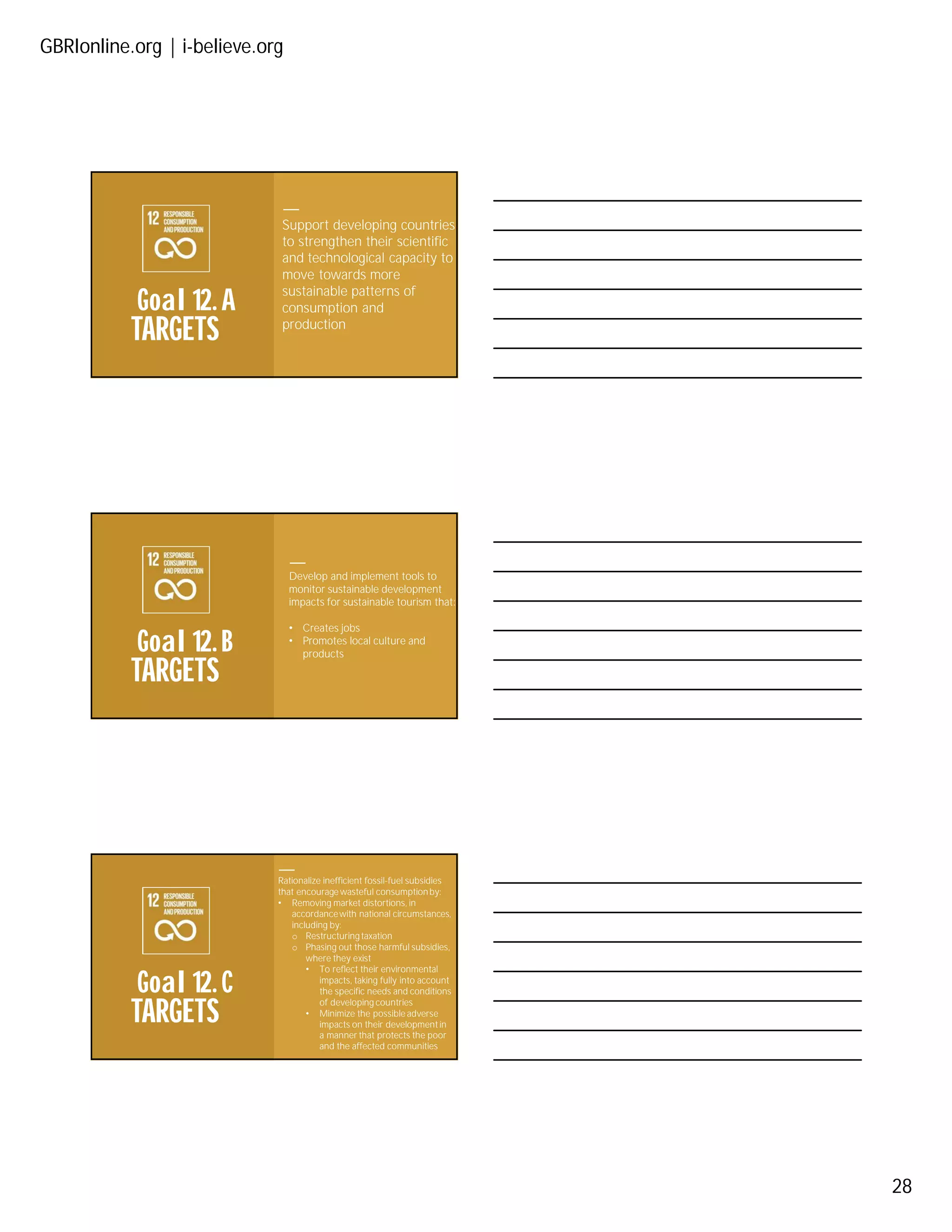 GBRIonline.org | i-believe.org
28
TARGETS
Goal 12. A
Support developing countries
to strengthen their scientific
and technological capacity to
move towards more
sustainable patterns of
consumption and
production
TARGETS
Goal 12. B
Develop and implement tools to
monitor sustainable development
impacts for sustainable tourism that:
• Creates jobs
• Promotes local culture and
products
TARGETS
Goal 12. C
Rationalize inefficient fossil-fuel subsidies
that encourage wasteful consumptionby:
• Removing market distortions, in
accordancewith national circumstances,
including by:
o Restructuringtaxation
o Phasing out those harmful subsidies,
where they exist
• To reflect their environmental
impacts, taking fully into account
the specific needs and conditions
of developing countries
• Minimize the possible adverse
impacts on their developmentin
a manner that protects the poor
and the affected communities
 