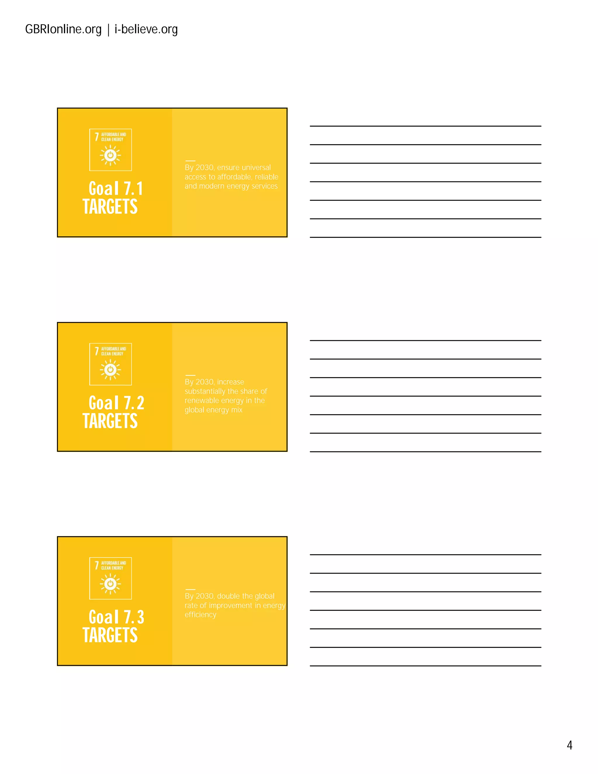 GBRIonline.org | i-believe.org
4
TARGETS
Goal 7. 1
By 2030, ensure universal
access to affordable, reliable
and modern energy services
TARGETS
Goal 7. 2
By 2030, increase
substantially the share of
renewable energy in the
global energy mix
TARGETS
Goal 7. 3
By 2030, double the global
rate of improvement in energy
efficiency
 