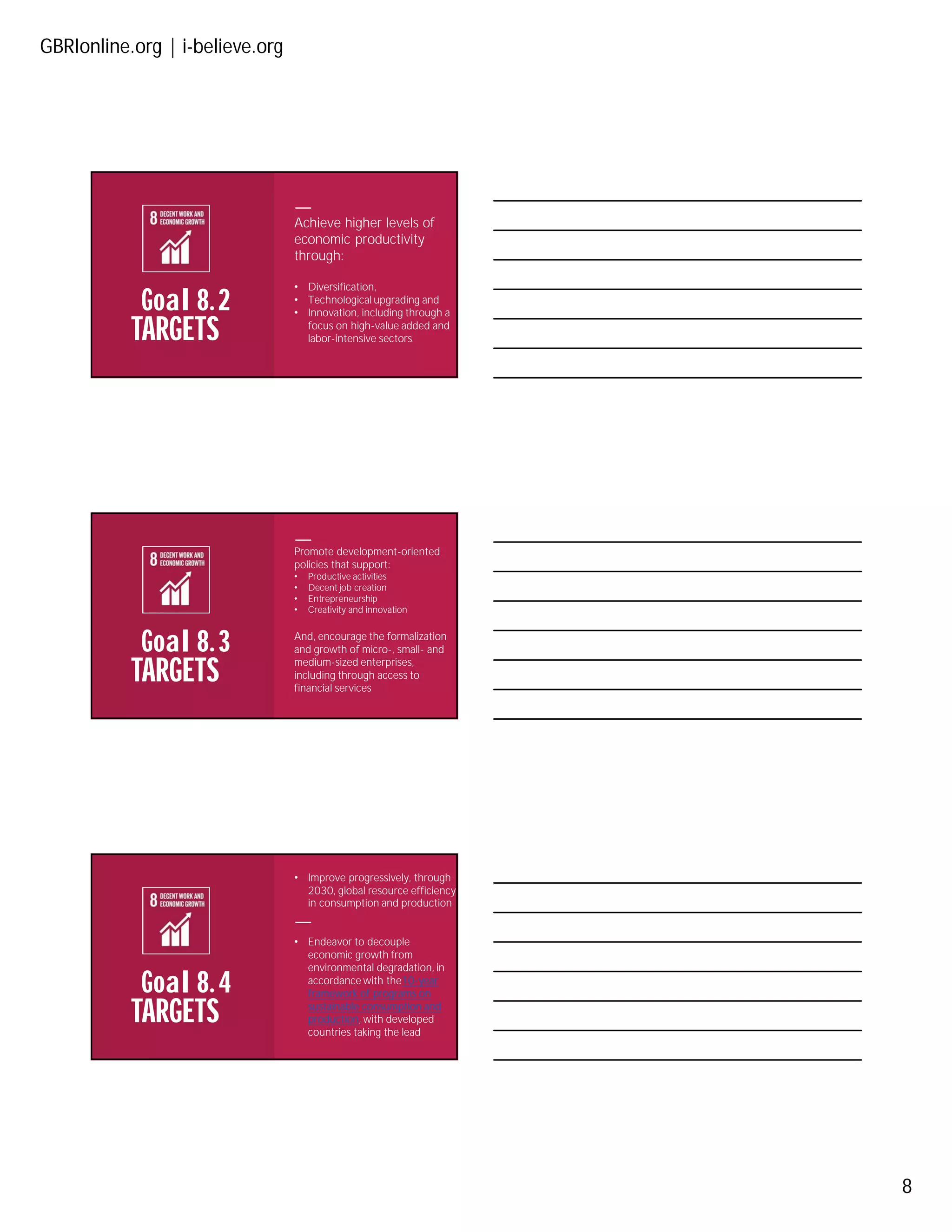 GBRIonline.org | i-believe.org
8
TARGETS
Goal 8. 2
Achieve higher levels of
economic productivity
through:
• Diversification,
• Technological upgrading and
• Innovation, including through a
focus on high-value added and
labor-intensive sectors
TARGETS
Goal 8. 3
Promote development-oriented
policies that support:
• Productive activities
• Decent job creation
• Entrepreneurship
• Creativity and innovation
And, encourage the formalization
and growth of micro-, small- and
medium-sized enterprises,
including through access to
financial services
TARGETS
Goal 8. 4
• Improve progressively, through
2030, global resource efficiency
in consumption and production
• Endeavor to decouple
economic growth from
environmental degradation, in
accordance with the10-year
framework of programs on
sustainable consumption and
production, with developed
countries taking the lead
 