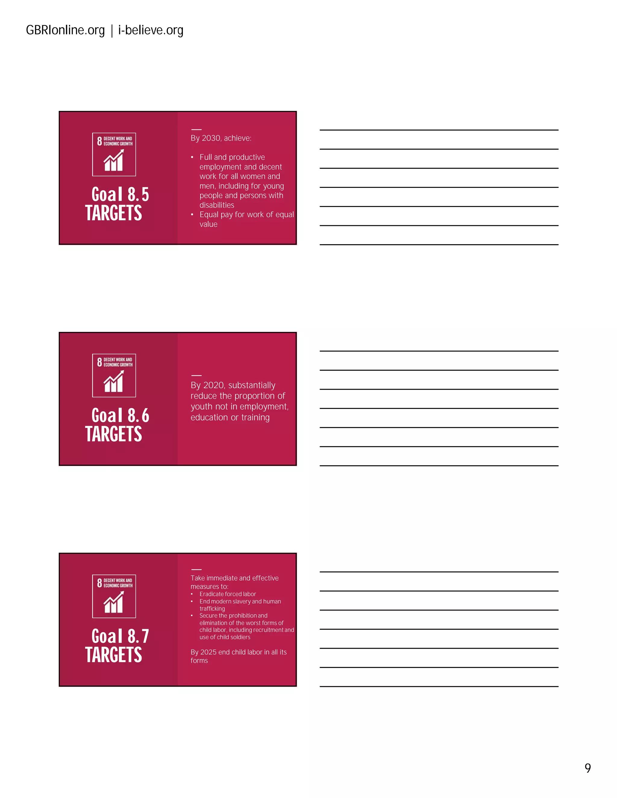 GBRIonline.org | i-believe.org
9
TARGETS
Goal 8. 5
By 2030, achieve:
• Full and productive
employment and decent
work for all women and
men, including for young
people and persons with
disabilities
• Equal pay for work of equal
value
TARGETS
Goal 8. 6
By 2020, substantially
reduce the proportion of
youth not in employment,
education or training
TARGETS
Goal 8. 7
Take immediate and effective
measures to:
• Eradicate forced labor
• End modern slavery and human
trafficking
• Secure the prohibition and
elimination of the worst forms of
child labor, including recruitmentand
use of child soldiers
By 2025 end child labor in all its
forms
 