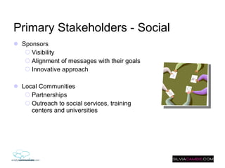 Primary Stakeholders - Social Sponsors Visibility Alignment of messages with their goals Innovative approach Local Communities  Partnerships Outreach to social services, training centers and universities  