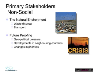 Primary Stakeholders  Non-Social The Natural Environment Waste disposal  Transport Future Proofing Geo-political pressure  Developments in neighbouring countries  Changes in priorities 