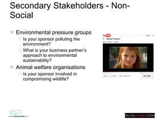 Secondary Stakeholders - Non-Social Environmental pressure groups Is your sponsor polluting the environment?  What is your business partner’s approach to environmental sustainability? Animal welfare organisations Is your sponsor involved in compromising wildlife?  