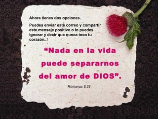 Ahora tienes dos opciones. Puedes enviar este correo y compartir este mensaje positivo o lo puedes ignorar y decir que nunca toco tu corazón..! “ Nada en la vida puede separarnos del amor de DIOS”. Romanos 8:38 