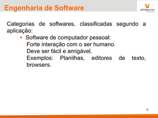 22
Engenharia de Software
Categorias de softwares, classificadas segundo a
aplicação:
▪ Software de computador pessoal:
Forte interação com o ser humano.
Deve ser fácil e amigável.
Exemplos: Planilhas, editores de texto,
browsers.
 