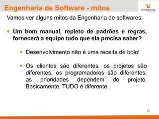 23
Engenharia de Software - mitos
Vamos ver alguns mitos da Engenharia de softwares:
▪ Um bom manual, repleto de padrões e regras,
fornecerá a equipe tudo que ela precisa saber?
▪ Desenvolvimento não é uma receita de bolo!
▪ Os clientes são diferentes, os projetos são
diferentes, os programadores são diferentes,
as prioridades dependem do projeto.
Basicamente, TUDO é diferente.
 