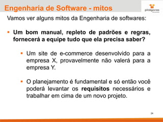 24
Engenharia de Software - mitos
Vamos ver alguns mitos da Engenharia de softwares:
▪ Um bom manual, repleto de padrões e regras,
fornecerá a equipe tudo que ela precisa saber?
▪ Um site de e-commerce desenvolvido para a
empresa X, provavelmente não valerá para a
empresa Y.
▪ O planejamento é fundamental e só então você
poderá levantar os requisitos necessários e
trabalhar em cima de um novo projeto.
 