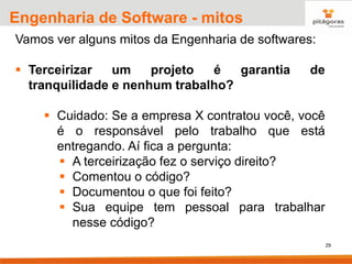 29
Engenharia de Software - mitos
Vamos ver alguns mitos da Engenharia de softwares:
▪ Terceirizar um projeto é garantia de
tranquilidade e nenhum trabalho?
▪ Cuidado: Se a empresa X contratou você, você
é o responsável pelo trabalho que está
entregando. Aí fica a pergunta:
▪ A terceirização fez o serviço direito?
▪ Comentou o código?
▪ Documentou o que foi feito?
▪ Sua equipe tem pessoal para trabalhar
nesse código?
 