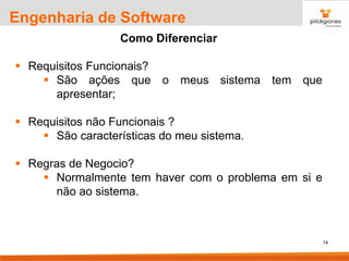 14
Engenharia de Software
Como Diferenciar
▪ Requisitos Funcionais?
▪ São ações que o meus sistema tem que
apresentar;
▪ Requisitos não Funcionais ?
▪ São características do meu sistema.
▪ Regras de Negocio?
▪ Normalmente tem haver com o problema em si e
não ao sistema.
 