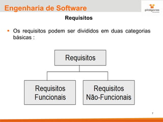 7
Engenharia de Software
Requisitos
▪ Os requisitos podem ser divididos em duas categorias
básicas :
 