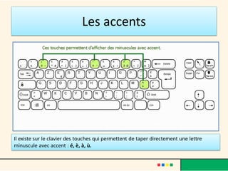 Les accents
Il existe sur le clavier des touches qui permettent de taper directement une lettre
minuscule avec accent : é, è, à, ù.
 