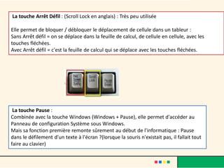 La touche Arrêt Défil : (Scroll Lock en anglais) : Très peu utilisée
Elle permet de bloquer / débloquer le déplacement de cellule dans un tableur :
Sans Arrêt défil = on se déplace dans la feuille de calcul, de cellule en cellule, avec les
touches fléchées.
Avec Arrêt défil = c'est la feuille de calcul qui se déplace avec les touches fléchées.
La touche Pause :
Combinée avec la touche Windows (Windows + Pause), elle permet d'accéder au
Panneau de configuration Système sous Windows.
Mais sa fonction première remonte sûrement au début de l'informatique : Pause
dans le défilement d'un texte à l'écran ?(lorsque la souris n'existait pas, il fallait tout
faire au clavier)
 