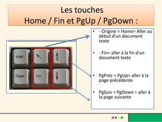 Les touches
Home / Fin et PgUp / PgDown :
• - Origine = Home= Aller au
début d'un document
texte
• - Fin= aller à la fin d'un
document texte
• PgPréc = PgUp= aller à la
page précédente
• PgSuiv = PgDown = aller à
la page suivante
 