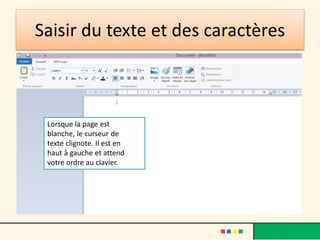 Saisir du texte et des caractères
Lorsque la page est
blanche, le curseur de
texte clignote. Il est en
haut à gauche et attend
votre ordre au clavier.
 