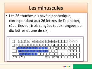 Les minuscules
• Les 26 touches du pavé alphabétique,
correspondant aux 26 lettres de l’alphabet,
réparties sur trois rangées (deux rangées de
dix lettres et une de six) :
 