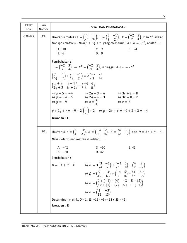 Soal Unbk Dan Penyelesaiaannya Materi Matriks Ips 2019