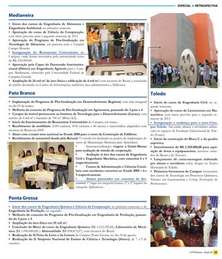 ESPECIAL      RETROSPECTIVA


       Medianeira
       •	 Início dos cursos de Engenharia de Alimentos e




                                                                                                               Ascom/MD
       Engenharia Ambiental, no primeiro semestre.
       •	 Aprovação do curso de Ciência da Computação,
       com início previsto para o segundo semestre de 2011.
       •	 Aprovação do Programa de Pós-Graduação em
       Tecnologia de Alimentos, em parceria com o Campus
       Campo Mourão.
       •	 Inauguração do Restaurante Universitário do
       Campus, onde foram investidos pela universidade cerca
       de R$ 230.000,00.
       •	 Aprovação pela Capes do Doutorado Interinstitu-
       cional (Dinter) em Engenharia Agrícola para o Cam-
       pus Medianeira, oferecido pela Universidade Federal de
       Campina Grande.
       •	 Ampliação	de	26	mil	m²	de	área	física	e	edificação	de	4	mil	m², com recursos do Reuni, e conclusão




                                                                                                                                                                                       Ascom/TD
       do prédio destinado ao Centro de Informações, auditório, área administrativa e biblioteca.

       Pato Branco                                                                                                        Toledo
       •	 Implantação do Programa de Pós-Graduação em Desenvolvimento Regional, com aula inaugural                        •	 Início do curso de Engenharia Civil, no se-
       no dia 03 de março.                                                                                                gundo semestre.
       •	 Melhoria	do	conceito	do	Programa	de	Pós-Graduação	em	Agronomia,	passando	do	3	para	o	4.                         •	 Aprovação do curso de Licenciatura em Ma-
       •	 Compra do imóvel pertencente ao Instituto de Tecnologia para o Desenvolvimento (Lactec), com                    temática, com início previsto para o segundo se-
       terreno de 4 mil m² e barracão de 700 m² (Bloco K2).                                                               mestre de 2011.
       •	 Início do funcionamento do Restaurante Universitário do Campus, em março.                                       •	 Inauguração e mudança para o novo Cam-
       •	 Recebimento de mobiliário (1050 cadeiras, 1036 carteiras e 40 mesas) e microônibus adquiridos com               pus Toledo. Até então, alunos e servidores utiliza-
       recursos do Reuni em 2009.                                                                                         vam os espaços da Fundação Educacional de Tole-
       •	 Aluno com a maior nota nacional no Enade 2008 para o curso de Construção de Edifícios.                          do (Funet).
       •	 Recebimento de automóvel doado pela Renault. O veículo foi destinado ao projeto de implantação do               •	 Início da construção do Bloco C e da quadra
                                                         curso de Manutenção Mecânica para Aprendizes.                    esportiva.
Ascom/PB




                                                         •       Internacionalização: viagem a Guiné-Bissau               •	 Investimentos	de	R$	2.350.000,00	para	aqui-
                                                         para avaliação de missão de cooperação.                          sição de livros e equipamentos, recursos oriun-
                                                         •	      Avaliação in loco dos cursos de Engenharia               dos do Reuni e do Tesouro.
                                                         Civil	e	Engenharia	Mecânica,	com	conceitos	4	e	5	                •	 Lançamento do curta-metragem elaborado
                                                         respectivamente.                                                 por alunos e servidores sobre drogas no Teatro
                                                         •	      Cursos de Administração e Ciências Contá-                Municipal de Toledo.
                                                         beis com excelentes conceitos no Enade 2009 – 4 e                •	 Primeiras formaturas do Campus: formandos
                                                         5 respectivamente.                                               dos cursos de Tecnologia em Processos Químicos,
                                                         •	      Alunos premiados em concurso da Ser-                     Técnico em Gastronomia e Cofop (Formação de
                                                         comtel: 1º lugar na categoria Games, 2º e 3º lugares na          Professores).
                                                         categoria Aplicativos.


       Ponta Grossa



                                                                                                                                                                                       Ascom/PG
       •	 Início dos cursos de Engenharia Química e Ciência da Computação, no primeiro semestre, e de
       Engenharia de Produção, no segundo.
       •	 Melhoria	do	conceito	do	Programa	de	Pós-Graduação	em	Engenharia	de	Produção,	passan-
       do do 3 para o 4.
       •	 Ampliação da área física em 25 mil m².
       •	 Conclusão do Bloco do curso de Engenharia Química (R$ 1.212.529,68), Laboratório de Mecâ-
       nica (R$ 1.090.840,68) e Almoxarifado (R$ 458.813,67), com recursos do Reuni.
       •	 Realização da II Feira do Livro e da Leitura do Campus Ponta Grossa, no dia 18 de agosto.
       •	 Realização do II Simpósio Nacional de Ensino de Ciência e Tecnologia (Sinect), de 7 a 9 de
       outubro.

                                                                                                                                                       UTFPR Notícias - Edição 28 15
 