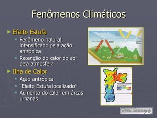 Fenômenos Climáticos Efeito Estufa Fenômeno natural, intensificado pela ação antrópica Retenção do calor do sol pela atmosfera Ilha de Calor Ação antrópica “ Efeito Estufa localizado” Aumento do calor em áreas urnanas 