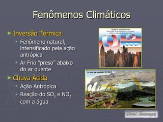 Fenômenos Climáticos Inversão Térmica Fenômeno natural, intensificado pela ação antrópica Ar Frio “preso” abaixo do ar quente Chuva Ácida Ação Antrópica Reação do SO 3  e NO 2  com a água 