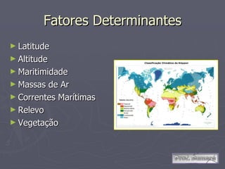 Fatores Determinantes Latitude Altitude Maritimidade Massas de Ar Correntes Marítimas Relevo Vegetação 