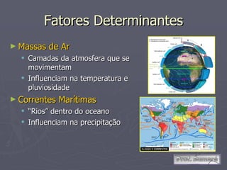 Fatores Determinantes Massas de Ar Camadas da atmosfera que se movimentam Influenciam na temperatura e pluviosidade Correntes Marítimas “ Rios” dentro do oceano Influenciam na precipitação 