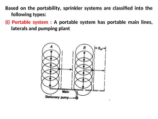 Based on the portability, sprinkler systems are classified into the
following types:
(i) Portable system : A portable system has portable main lines,
laterals and pumping plant
 