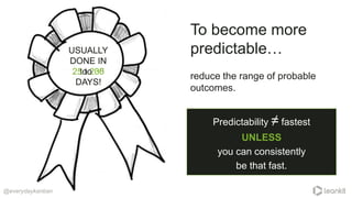 Predictability ≠ fastest
UNLESS
you can consistently
be that fast.
To become more
predictable…USUALLY
DONE IN
2 to 200
DAYS!
@everydaykanban
USUALLY
DONE IN
25 to 35
DAYS!
reduce the range of probable
outcomes.
 