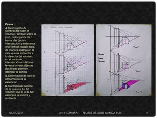Pasos :
4. Delimitación de
sombras Bb sobre el
volumen, también sobre el
piso; prolongación de b
hasta d-e (es una
intersección) y se levanta
una vertical hasta la tapa,
de manera análoga en la
cara que se encuentra a
tu derecha del volumen,
en el punto de
intersección con la base
levanta la vertical (estas
dos líneas permiten
delimitar la sombra
5. Delimitación de todo el
contorno Ee es la
excepción
6. Contornea la sombra
de la esquina Ee del
volumen que le da la luz;
oscurece la sombra y
ambienta
01/04/2014 UN 4 "SOMBRAS" FLORES DE JESUS BLANCA RUBÌ 4
 