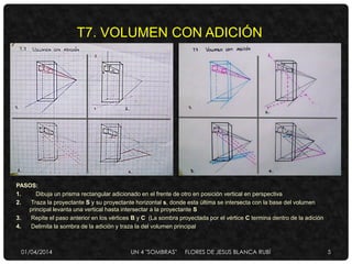PASOS:
1. Dibuja un prisma rectangular adicionado en el frente de otro en posición vertical en perspectiva
2. Traza la proyectante S y su proyectante horizontal s, donde esta última se intersecta con la base del volumen
principal levanta una vertical hasta intersectar a la proyectante S
3. Repite el paso anterior en los vértices B y C (La sombra proyectada por el vértice C termina dentro de la adición
4. Delimita la sombra de la adición y traza la del volumen principal
T7. VOLUMEN CON ADICIÓN
01/04/2014 UN 4 "SOMBRAS" FLORES DE JESUS BLANCA RUBÌ 5
 