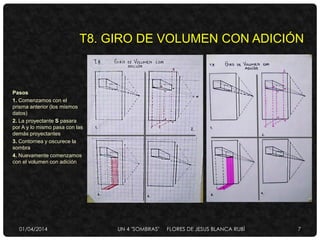 Pasos
1. Comenzamos con el
prisma anterior (los mismos
datos)
2. La proyectante S pasara
por A y lo mismo pasa con las
demás proyectantes
3. Contornea y oscurece la
sombra
4. Nuevamente comenzamos
con el volumen con adición
T8. GIRO DE VOLUMEN CON ADICIÓN
01/04/2014 UN 4 "SOMBRAS" FLORES DE JESUS BLANCA RUBÌ 7
 
