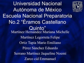 Universidad Nacional
Autónoma de México
Escuela Nacional Preparatoria
No.2 “Éramos Castellano
Quinto”
Martínez Hernández Mariana Michelle
Martínez Legorreta Felipe
Ortiz Tapia Mario Emiliano
Pérez Sánchez Eduardo
Serrano Martínez Jaqueline Noemí
Zarco cid Emmanuel
 