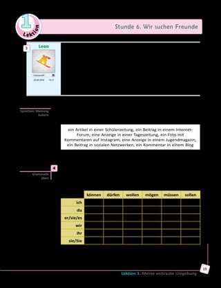 Le ktion
1 Stunde 6. Wir suchen Freunde
Lektion 1. Meine vertraute Umgebung
19
Leon
Userprofil
20.09 2018  14.17
Ich bin sportlich und interessiere mich sehr für Extremsport. Ich
bin schon ein paar Male Bungee gesprungen, auch Mountainbiking
macht mir einen riesengroßen Spaß.
Aber ich will etwas Neues ausprobieren und suche Freunde, die mein
Interesse teilen.
Vielleicht hat jemand eine Idee? Darf ich dann dir schreiben, um ein
paar Fragen zu stellen? In erster Linie interessieren mich die Fragen
zur Sicherheit. Ich meine, was ich beachten soll, um gesund und
unverletzt zu bleiben.
Ich finde auch toll, wenn wir uns persönlich treffen können.
	 	 b) Was meinst du: Wo haben die Jugendlichen ihre Mitteilungen
geschrieben? Finde passende Wortverbindungen im Kasten und
erzähle.
ein Artikel in einer Schülerzeitung, ein Beitrag in einem Internet-
Forum, eine Anzeige in einer Tageszeitung, ein Foto mit
Kommentaren auf Instagram, eine Anzeige in einem Jugendmagazin,
ein Beitrag in sozialen Netzwerken, ein Kommentar in einem Blog
Ich glaube, die erste/zweite/dritte Mitteilung ist ein/eine … .
	4	 Finde Modalverben in den Texten in Übung 3a. In welcher Form stehen
sie? Ergänze die Tabelle und lies die Regeln. Kannst du weitere Beispiele
anführen?
Modalverben im Präsens
können dürfen wollen mögen müssen sollen
ich … … … … muss …
du kannst … willst … musst sollst
er/sie/es … darf will mag … …
wir können dürfen … mögen … …
ihr könnt … … mögt müsst sollt
sie/Sie … dürfen wollen … … sollen
— Meistens wird das Modalverb im Satz mit dem Infinitiv des Hauptverbs
gebraucht. Dabei wird das Modalverb konjugiert und hat die zweite
3
Sprechen: Meinung
äußern
Grammatik
üben
 